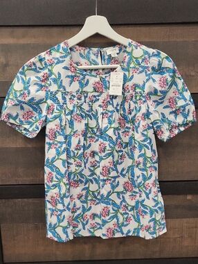 J. Crew White Floral Smocked Square-Neck Blouse with Blue & Pink Print